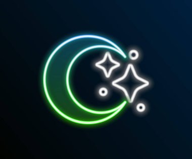 Parlayan neon hattı Ay ve yıldız simgesi siyah arkaplanda izole edildi. Bulutlu gece işareti. Uyku rüyalarının sembolü. Dolunay. Gece ya da yatak zamanı tabelası. Renkli taslak konsepti. Vektör