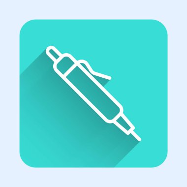 Beyaz çizgi kalem simgesi uzun gölgeli. Yeşil kare düğmesi. Vektör.