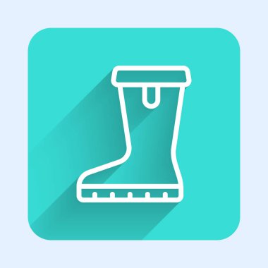 Uzun gölgeli, su geçirmez lastik bot ikonu. Yağmurlu hava, balıkçılık, bahçe işleri için çizme. Yeşil kare düğmesi. Vektör.