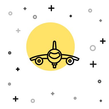 Siyah çizgi düzlem simgesi beyaz arkaplanda izole edildi. Uçan uçak ikonu. Uçak tabelası. Rastgele dinamik şekiller. Vektör