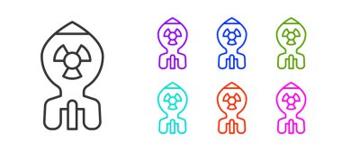 Beyaz arka planda siyah çizgi nükleer bomba ikonu izole edildi. Roket bombası düşüyor. Simgeleri renklendirin. Vektör