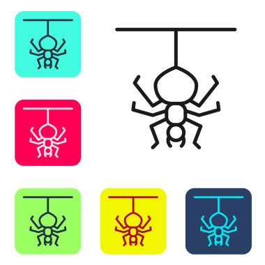 Siyah çizgi Örümcek simgesi beyaz arkaplanda izole edildi. Mutlu Cadılar Bayramı Partisi. Renkli kare düğmelerle simgeleri ayarla. Vektör