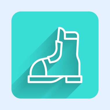 Beyaz çizgi Hunter çizme simgesi uzun gölge arkaplan izole. Yeşil kare düğmesi. Vektör