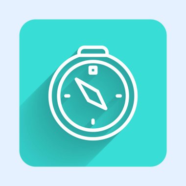 Beyaz çizgi pusula simgesi uzun gölge arkaplanı ile izole edildi. Rüzgâr yön bulma sembolü. Rüzgar gül işareti. Yeşil kare düğmesi. Vektör