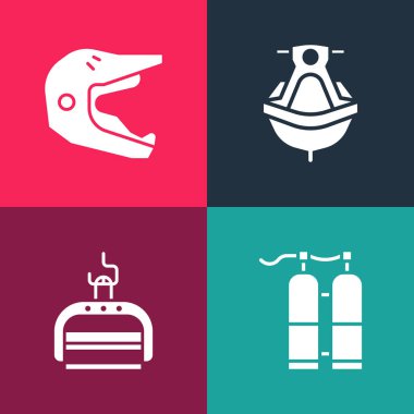 Pop Art Aqualung, Kayak asansörü, Jet Ski ve Motokros motosiklet kaskı ikonu. Vektör.