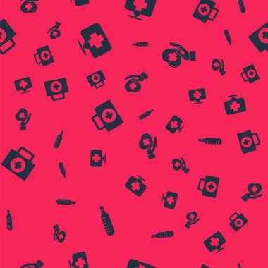 Tıbbi termometreyi, çapraz hastanedeki harita işaretçisini, ilk yardım çantasını ve kalbi sorunsuz bir şekilde ayarla. Vektör.