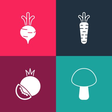 Pop sanat mantarı, domates, havuç ve pancar ikonu hazırla. Vektör