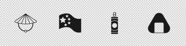 Çin konik hasır şapkası, Çin bayrağı, havai fişek ve suşi ikonu koyun. Vektör