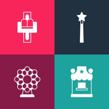 Pop sanat bilet gişesi, dönme dolap, sihirli değnek ve atlıkarınca ikonunu ayarla. Vektör