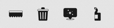 Sünger, Çöp Kutusu, Ev Temizliği Servisi ve Bulaşık deterjanı ikonu. Vektör