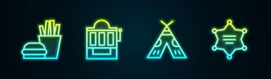 Çizgi çizgisi Burger ve patates kızartması, kumar makinesi, Kızılderili çadırı veya Wigwam ve Hexagram şerifi. Parlayan neon ikonu. Vektör