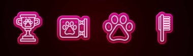 Pet ödülü, veteriner kliniği, pati izi ve evcil hayvan şişesi reviri. Parlayan neon ikonu. Vektör