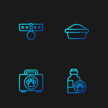 Hayvan şampuanı, ilk yardım çantası yaka kartı ve yemek kasesi. Renk simgeleri. Vektör