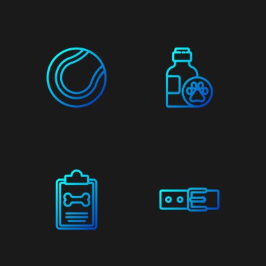 İsim etiketli tasma, klinik kayıt evcil hayvanı, tenis topu ve evcil hayvan şampuanı. Renk simgeleri. Vektör