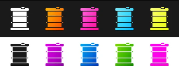 黒と白の背景に隔離されたバレルアイコンに放射性廃棄物を設定します 毒性はケグを拒否する 放射性廃棄物の排出環境汚染 ベクトル — ストックベクタ
