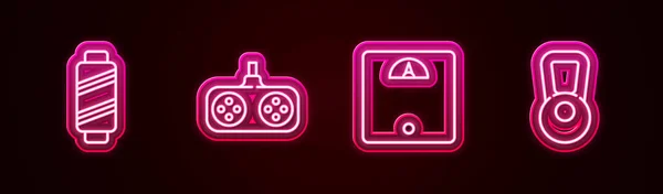 Set Lijn Naaigaren Spoel Gamepad Badkamerweegschalen Kettlebell Een Gloeiend Neon — Stockvector