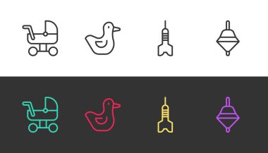 Çizgi bebek arabası, plastik ördek, Dart oku ve Whirligig oyuncağını siyah ve beyaza ayarla. Vektör