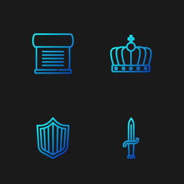 Hançer, Kalkan, Kararname, parşömen, parşömen ve Kral tacı. Renk simgeleri. Vektör