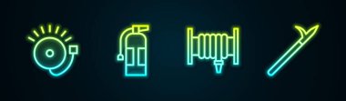 Alarm zilini, yangın söndürücüyü, hortum makarasını ve metal mızrak direğini ayarla. Parlayan neon ikonu. Vektör