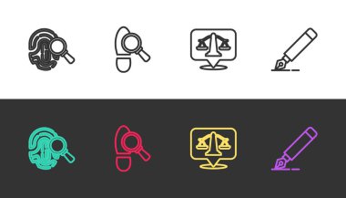 Çizgi parmak izi, ayak izleri, adalet terazisi ve siyah beyaz dolmakalem ucu. Vektör