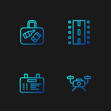 İHA uçuşu, havaalanı panosu, bavul ve pist ayarlandı. Renk simgeleri. Vektör