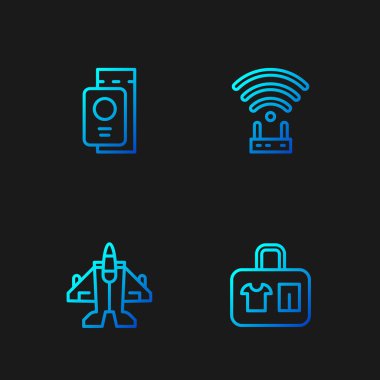 Bavul, savaş uçağı, pasaportlu bilet, yönlendirici ve kablosuz ağ sinyali. Renk simgeleri. Vektör