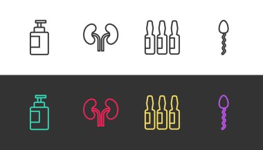 El dezenfektanı şişesi, insan böbrekleri, tıbbi şişe ampul ve spermi siyah ve beyaza ayarla. Vektör