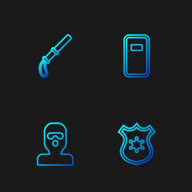 Polis rozeti, Hırsız maskesi, plastik sopa ve saldırı kalkanı. Renk simgeleri. Vektör