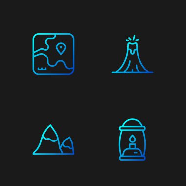 Kamp feneri, dağlar, Afrika safari haritası ve volkan patlaması. Renk simgeleri. Vektör