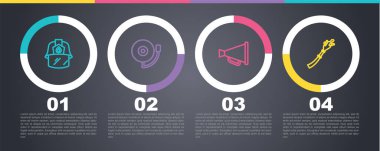 İtfaiyeci miğferi, alarm zili, megafon ve hortum makarası. Ticari bilgi şablonu. Vektör