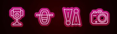 Ödül kupasını ayarla, kürekli tekne, yüzme için yüzgeçler ve fotoğraf makinesi. Parlayan neon ikonu. Vektör