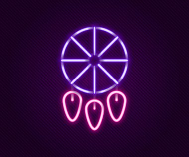 Siyah zemin üzerinde tüy ikonu olan parlak neon hattı Rüya Yakalayıcı. Renkli taslak konsepti. Vektör