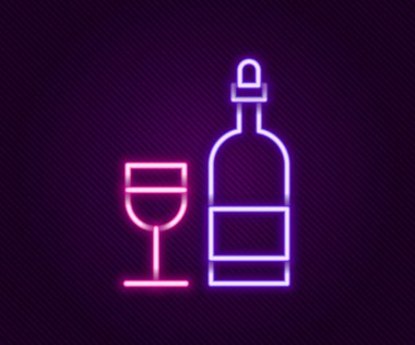 Siyah zemin üzerinde cam ikon bulunan parlak neon çizgili şarap şişesi. Renkli taslak konsepti. Vektör