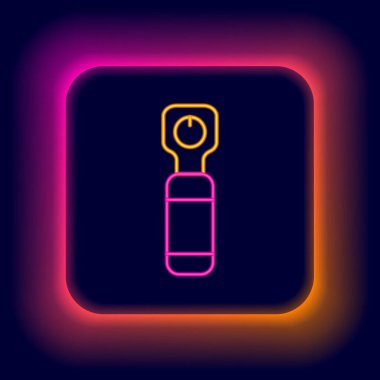 Parlayan neon hattı şişe açacağı simgesi siyah arkaplanda izole edildi. Renkli taslak konsepti. Vektör