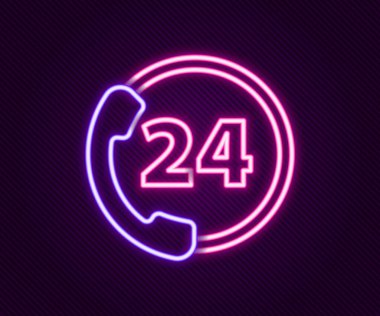 Parlayan neon hattı Telefon 24 saat destek ikonu siyah arkaplanda izole edildi. Tüm gün müşteri destek merkezi. Tam zamanlı çağrı servisi. Renkli taslak konsepti. Vektör