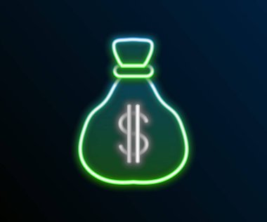 Parlayan neon hattı Para Çantası simgesi siyah arkaplanda izole edildi. Dolar ya da USD sembolü. Nakit bankacılık tabelası. Renkli taslak konsepti. Vektör