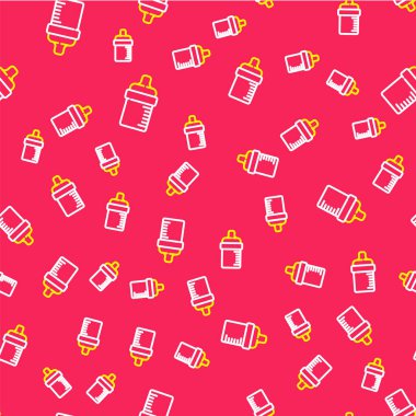 Çizgili Bebek Şişesi ikonu kırmızı arka planda izole edilmiş pürüzsüz desen. Beslenme şişesi simgesi. Süt şişesi tabelası. Vektör