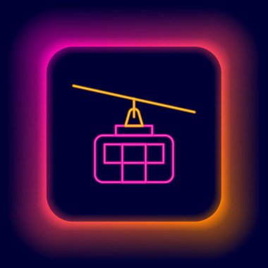 Parlayan neon hattı kablo araba simgesi siyah arkaplanda izole edildi. Füniküler işaret. Renkli taslak konsepti. Vektör