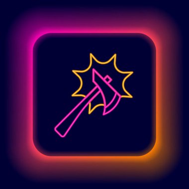 Parlayan neon hattı itfaiyeci balta simgesi siyah arka planda izole edildi. Yangın baltası. Renkli taslak konsepti. Vektör