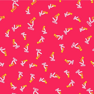 Çizgi mikroskobu simgesi kırmızı arkaplanda izole edilmiş. Kimya, ilaç aleti, mikrobiyoloji büyütme aracı. Vektör