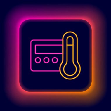 Parlayan neon hattı Termostat simgesi siyah arkaplanda izole edildi. Sıcaklık kontrolü. Renkli taslak konsepti. Vektör