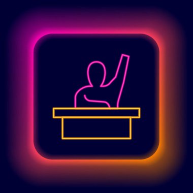 Parlayan neon hattı aktif erkek çocuk siyah arka planda izole edilmiş soru ikonuna cevap veriyor. Bir ilkokul öğrencisi elini kaldırır. Renkli taslak konsepti. Vektör