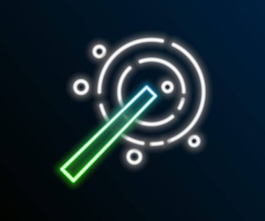 Parlayan neon hattı sihirli değnek simgesi siyah arkaplanda izole edildi. Yıldız şeklinde sihirli aksesuar. Sihirli güç. Mutlu Cadılar Bayramı Partisi. Renkli taslak konsepti. Vektör