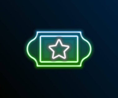 Parlayan neon hattı sinema bileti simgesi siyah arkaplanda izole edildi. Renkli taslak konsepti. Vektör