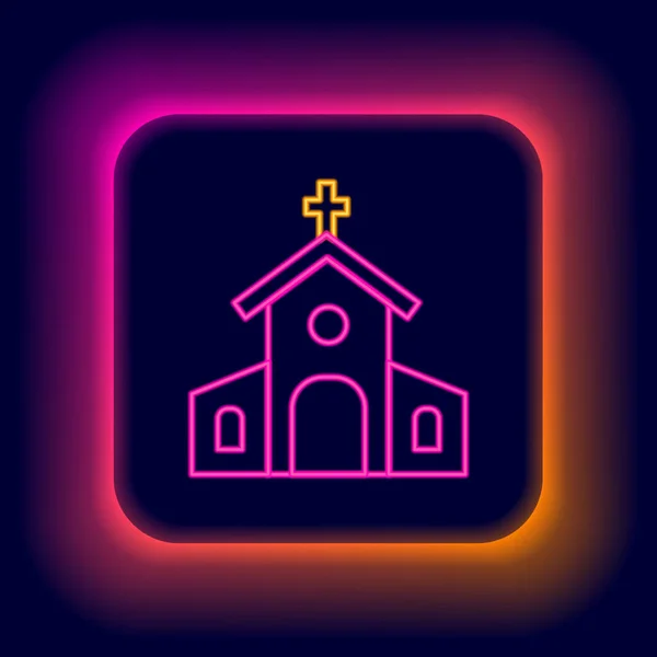 Parlayan Neon Hattı Kilise Binası Simgesi Siyah Arka Planda Izole — Stok Vektör