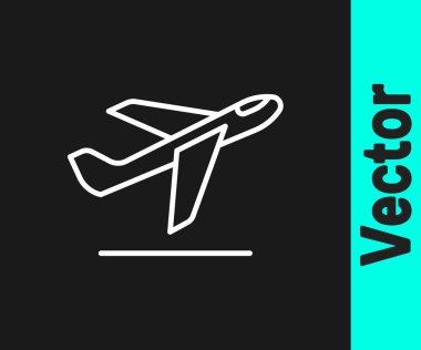 Beyaz çizgi uçak kalkış ikonu siyah arkaplanda izole edildi. Uçak taşıma sembolü. Vektör