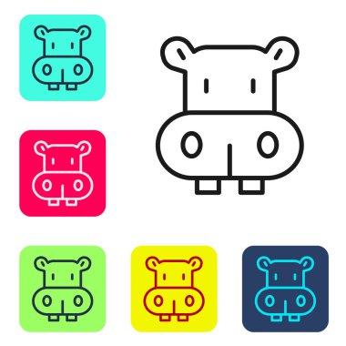 Beyaz arka planda siyah çizgi Hippo veya Hippopotam simgesi izole edilmiştir. Hayvan sembolü. Renkli kare düğmelerle simgeleri ayarla. Vektör