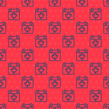 Mavi çizgi Kanada günü, akçaağaç yaprağı ikonu kırmızı arka planda izole edilmiş kusursuz desen. 1 Temmuz Bağımsızlık Günü Kanada bayrağıyla takvimde. Vektör