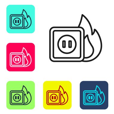 Siyah hat elektrik prizinin beyaz arka planda izole edilmiş ateş simgesindeki elektrik kabloları. Elektrik güvenliği kavramı. Fiş prizi yanıyor. Renkli kare düğmelerle simgeleri ayarla. Vektör