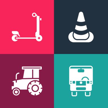 Pop sanat otobüsünü, traktörü, trafik konisini ve Scooter simgesini ayarla. Vektör.